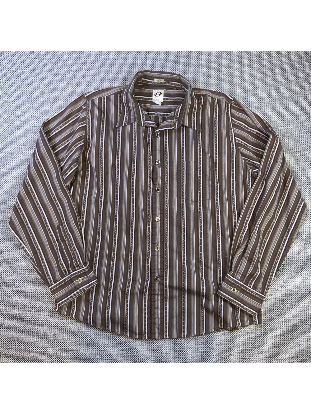 Vintage Y2K Anchor Blue Shirt Mens L Brown Striped Slim Fit Long Sleeve ButtonUp